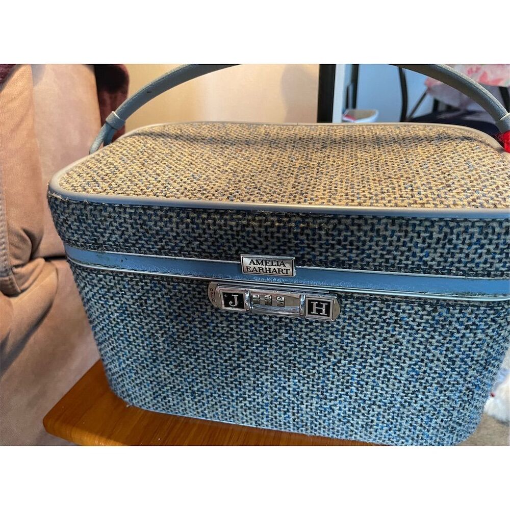 Vintage Skyway Amelia Earhart Tweed Train Case Blue Gray Original